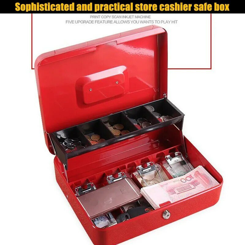 Mini Metal Safe Box, Key Lock, Caixa registadora, Caixa registadora, Jóias, Armazenamento de cartão bancário, Caixa registadora, Loja, Dinheiro, Moeda, Caixa, 2-Layer, 30x24cm