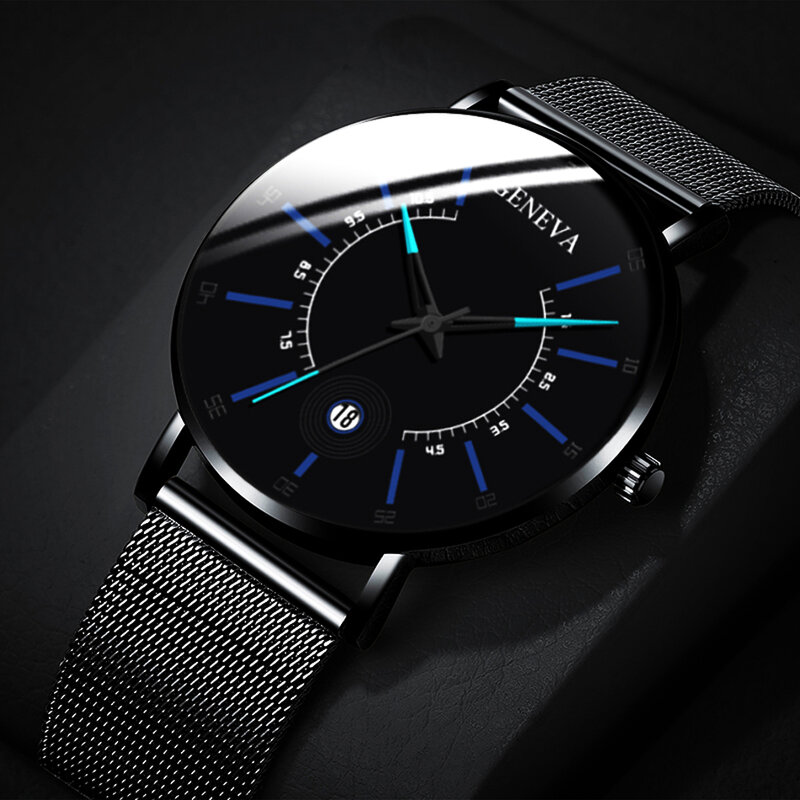 Новое поступление 2023, мужские часы Geneva, ультратонкие деловые минималистичные часы, черные стальные кварцевые часы с сетчатым браслетом и календарем