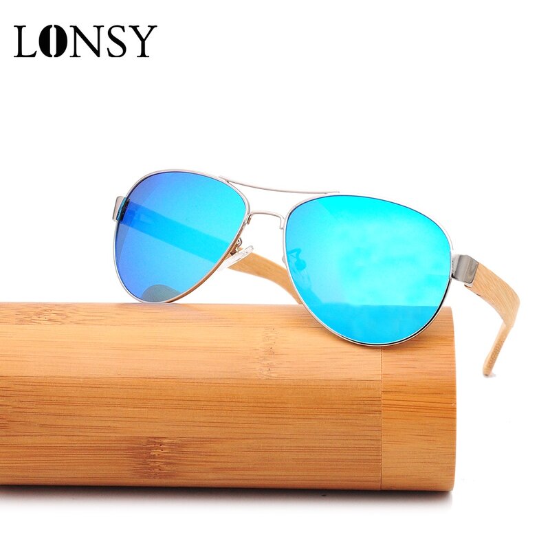 LONSY-gafas de sol polarizadas de alta calidad para hombre, lentes de sol de madera de bambú, clásicas, rectangulares, de Metal, montura UV400, para conducción al aire libre