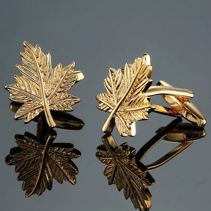 Wysokiej jakości męskie spinki do mankietów nowa popularna biżuteria złoty liść klonu spinki do mankietów męskie garnitury koszula przyciski pin prezenty