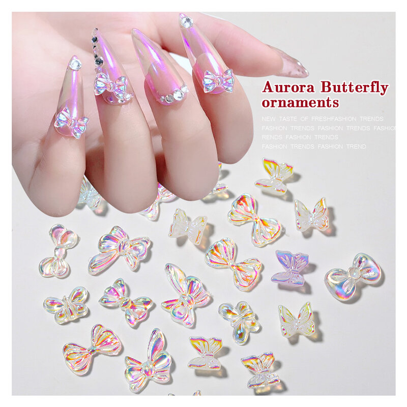 HNUIX 8pcs 3D Resin Holographic Butterfly Glitter AB Bow Nail Art Decorations Charm DIY Varnish Manicure Nails Art Accessories