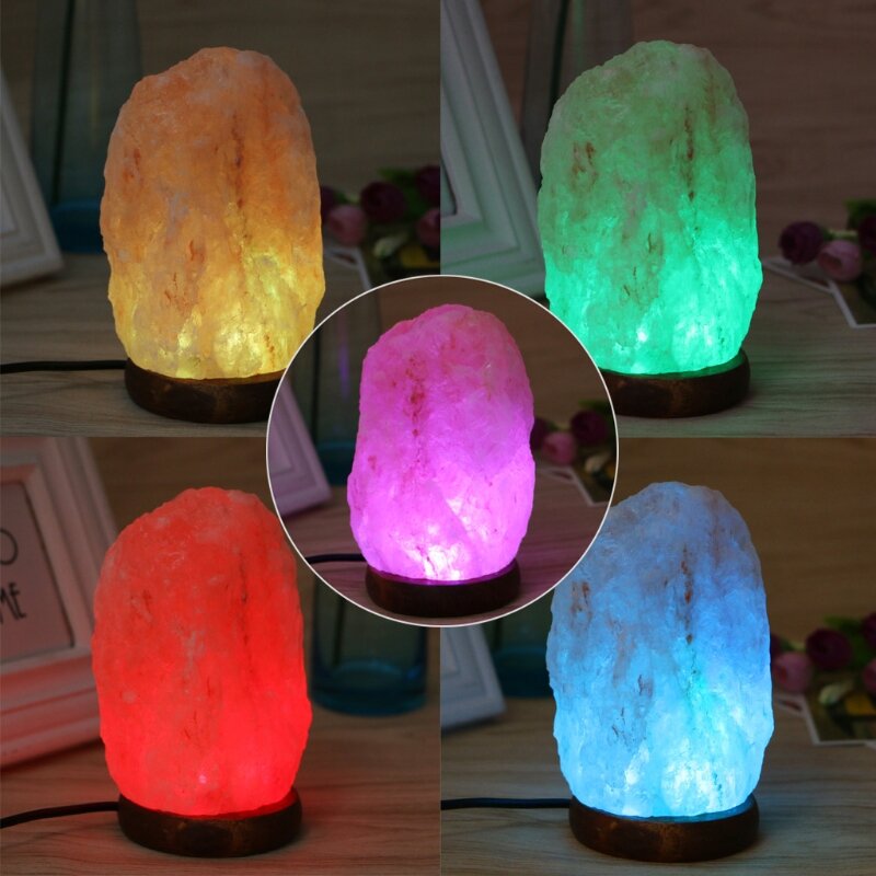 Lámpara de sal de roca del Himalaya con Base de madera USB tallada a mano, purificador de aire, luz nocturna, decoración del dormitorio, envío directo
