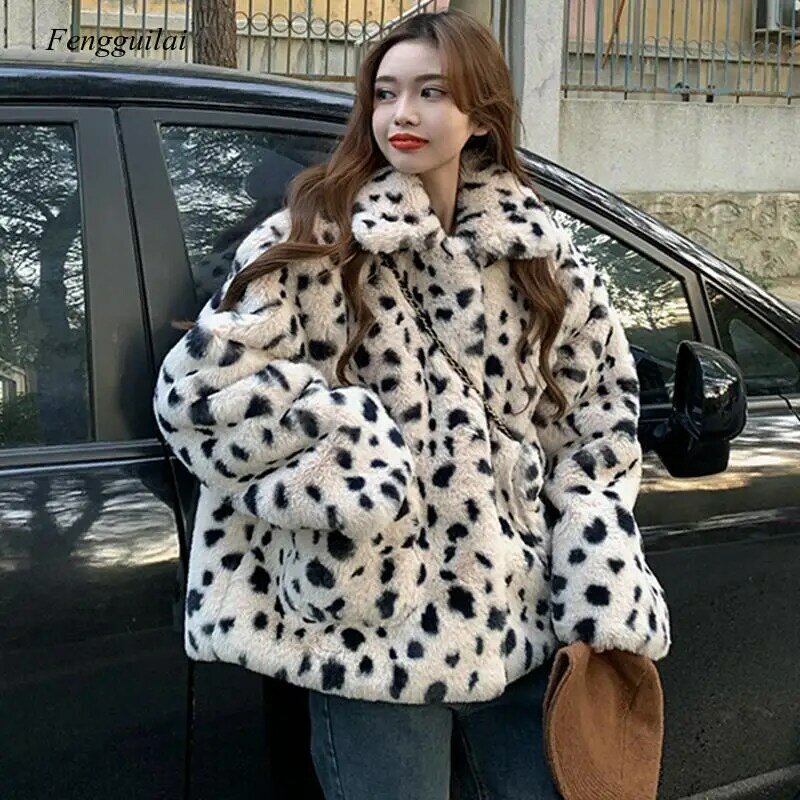 Abrigos y chaquetas de piel sintética de leopardo para mujer, abrigo grueso y cálido con bolsillos, cuello vuelto, Tops sueltos para mujer 2020
