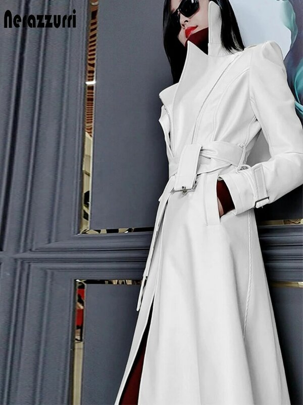 Nerazzurri ฤดูใบไม้ผลิรันเวย์สีขาวหนังยาว Trench Coat สำหรับผู้หญิงแขนยาวหรูหราแฟชั่นสตรีเสื้อ2021 Designer