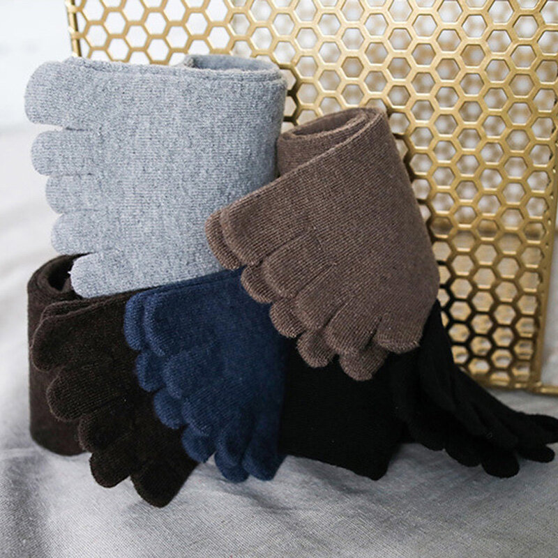Chaussettes courtes à cinq doigts pour hommes avec orteils, laine solide, affaires, antibactérien, respirant, chaud, marque, Harajuku, hiver, lot de 5 paires