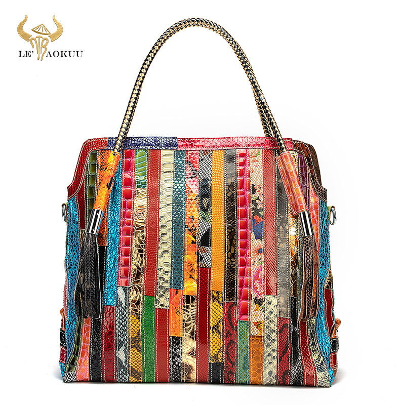 Bolso de mano de piel auténtica multicolor para mujer, bolsa grande de lujo con diseño de retales, 2021, 445