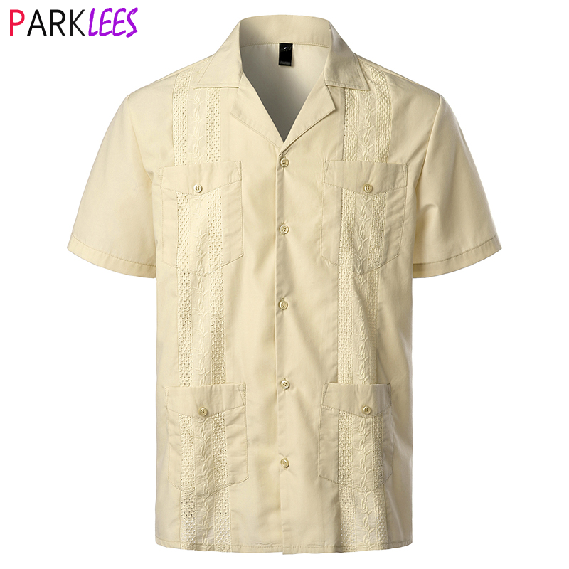 남성용 전통 쿠바 캠프 칼라 과야베라 셔츠, 짧은 소매 자수 멕시코 캐리비안 스타일 비치 셔츠 4 포켓