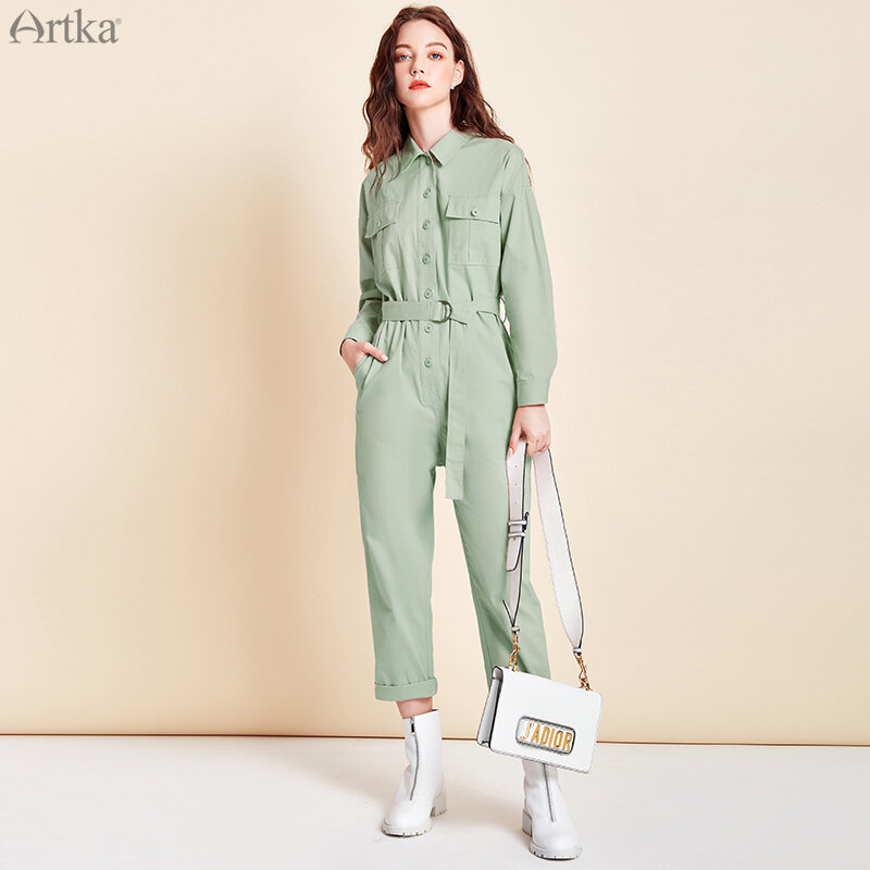 ARTKA-Mono de algodón 2020 para mujer, mono de cintura alta con botones y cinturón, informal, KA25005C, Otoño, 100%