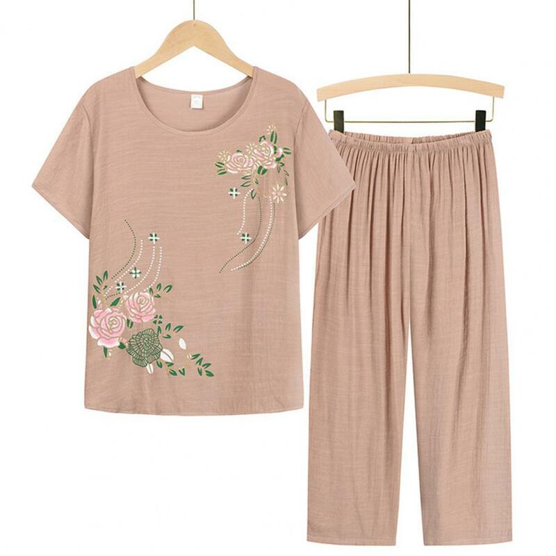 Conjunto lounge de manga curta estampado floral feminino, camiseta, calça, calça solta, roupa de 2 peças, terno de meia idade para mulheres, verão