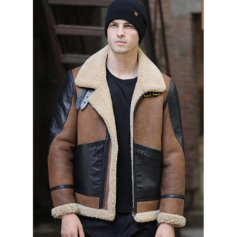 Thicken Shearling Fur Sheepskin Men Formal Causal Brown Genuine Leather Thick Fur Jacket Real Fur Clothing