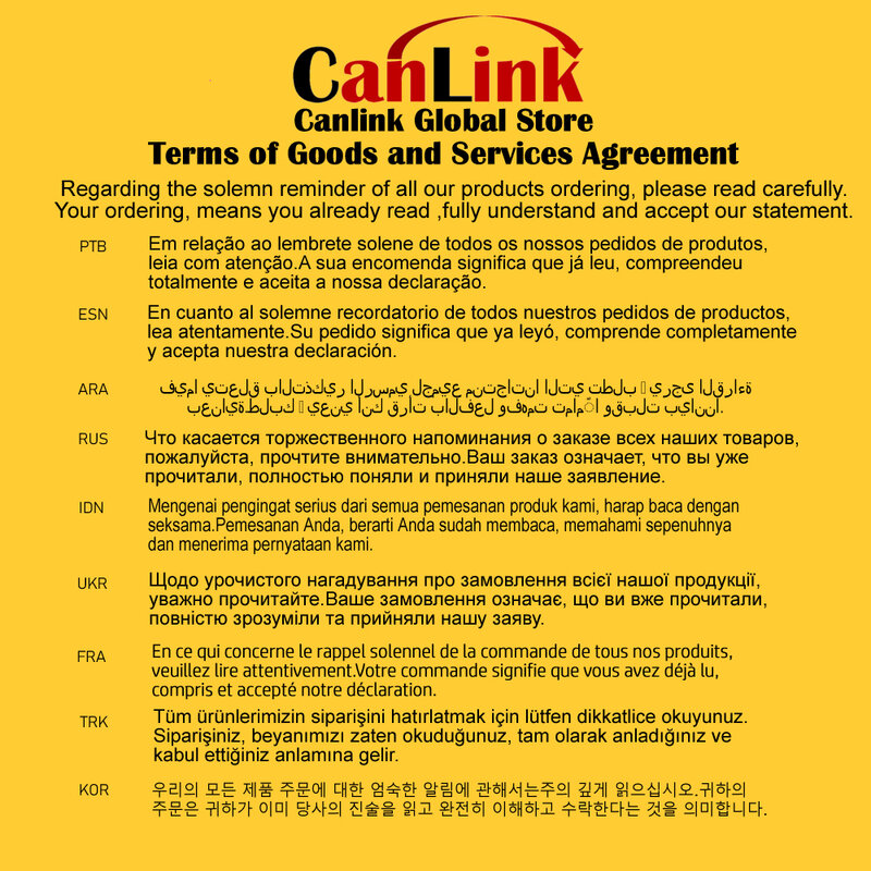 Accord de commande sur les conditions de vente de marchandise et service de tous les produits de CanLink Global Store