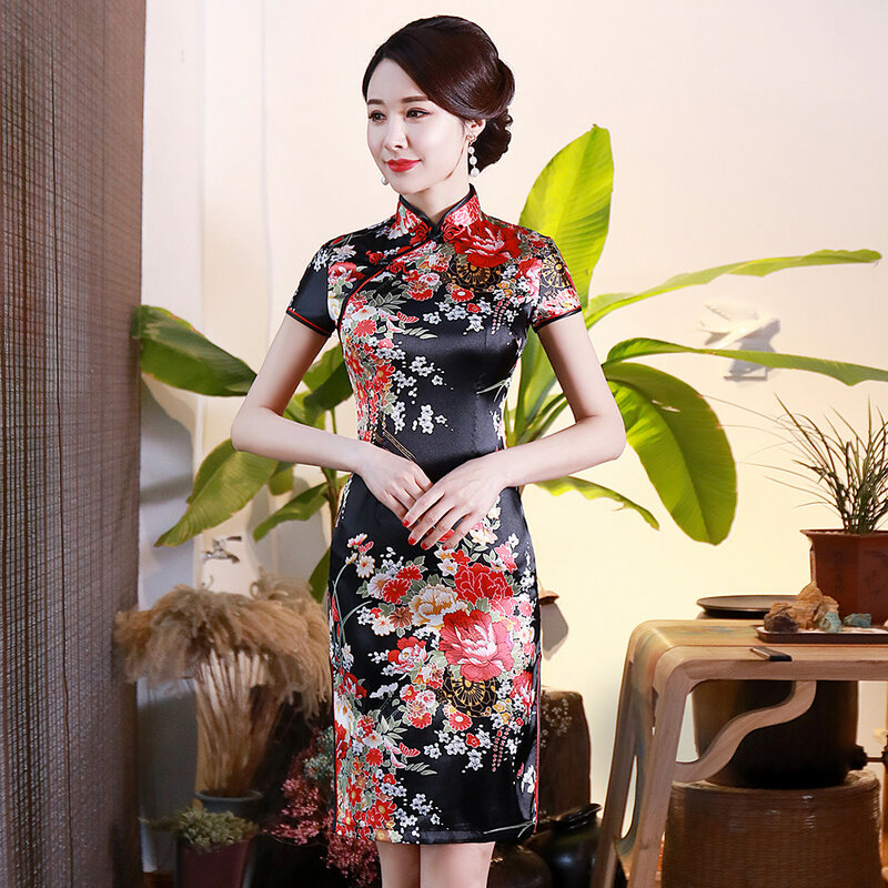 Vestido Qipao florido para mulheres, mini vestido oriental clássico, estampa azul royal, vestido chinês clássico, vestido de festa casual, tamanho grande, 3XL