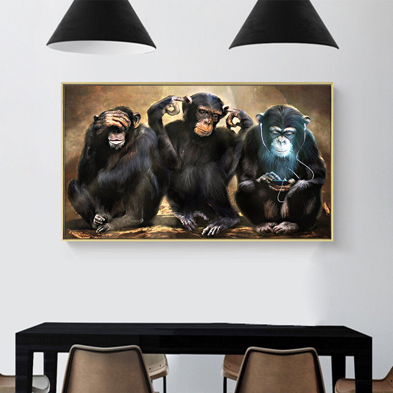 لوحة قرد حيوانات ، فن جداري ، 3 قردة مضحكة ، لوحة زيتية ، صورة لديكور المنزل ، ملصقات ومطبوعات