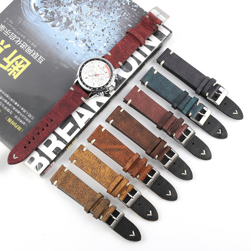 Hand Stitched Vintage Leather Watchband 18mm 20mm 22mm 24mm Distressed Look Watch Strap Distressed irregular Calfskin Wristband