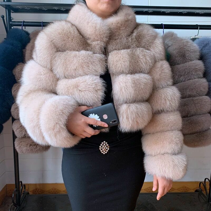 Manteau en fourrure de renard véritable pour femme, veste courte naturelle, col montant, optique, chaud, hiver, haute qualité, nouveau, 2021