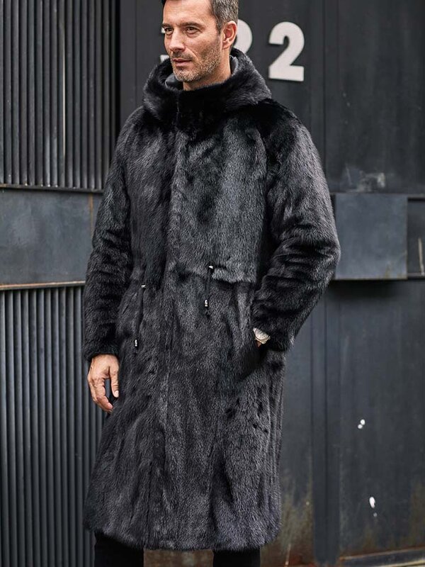 Mens Cowhide Jacket Double-Sided Mink Fur Coat Black Leather Outwear Long Oversize Parkas Hooded Winter Outwear