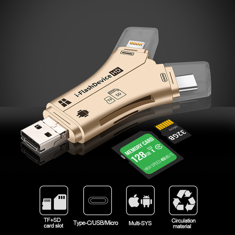 GINSLEY Lightning Card Reader SD TF USB C To MicroUSB Multi Card Reader 4in1 Type-C Flash Drive สำหรับ iphone 7 8 11 X XR สูงสุด