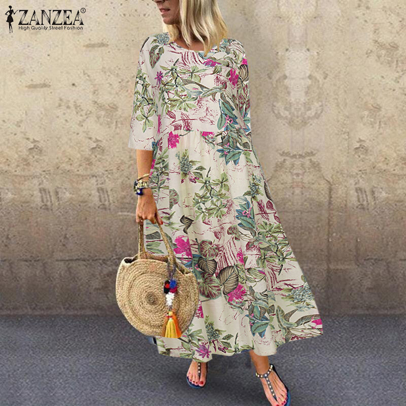 ZANZEA-Robe Longue Plissée pour Femme, Tenue Vintage Éducative, Imprimée, Tunique à Manches 2023, Collection Automne et Été 3/4