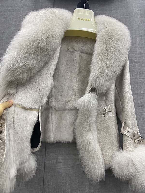 Heißer Verkauf Frauen Winter Echt Fox Pelz Kragen Mantel Haut Echt Kaninchen Pelz Innen Warme Jacken Damen Pelz Outwear