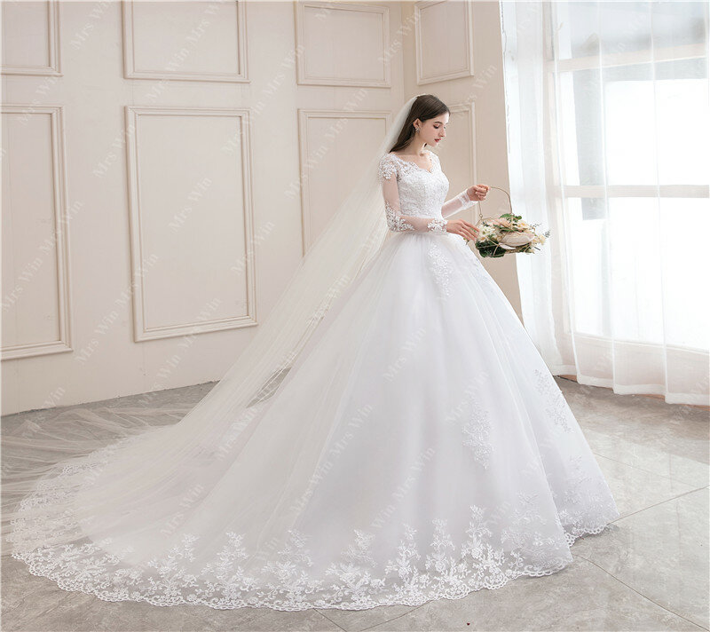Suknia ślubna 2023 nowa luksusowa pełna rękaw Sexy dekolt suknia dla panny młodej z pociągu suknia księżniczka klasyczne suknie ślubne