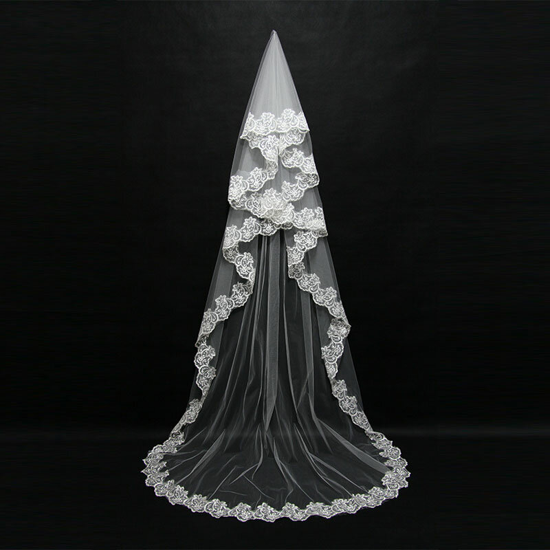 Velo de novia romántico de 1,5 metros, elegante velo de novia de una capa con borde de encaje blanco