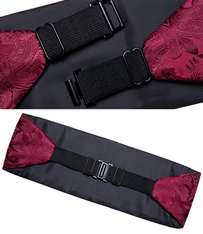 ชายCummerbundsผ้าไหมPaisleyสีแดงTuxedo Cummerbunds Bow Tieพ็อกเก็ตสแควร์ชุดเข็มกลัดผู้ชายงานแต่งงานเข็มขัดDiBanGu