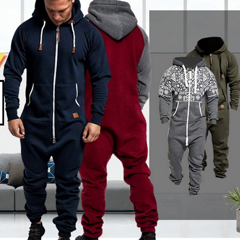 2020 Pure Color Splicing Jumpsuit Men One-piece Men's Jumpsuit Pajama Zipper Hoodie Male Onesies Jumpsuits Overalls For Men