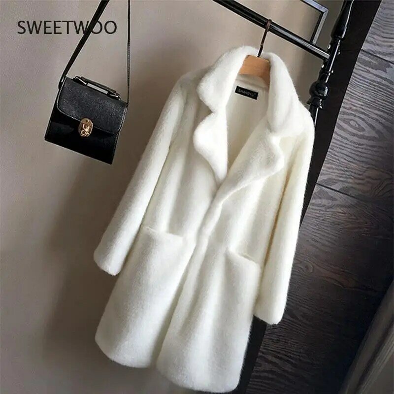 Women Mink Faux Fur Coat Solid Female Turn Down Collar Winter Warm Fake Fur Lady Coat Casual Jacket 2022