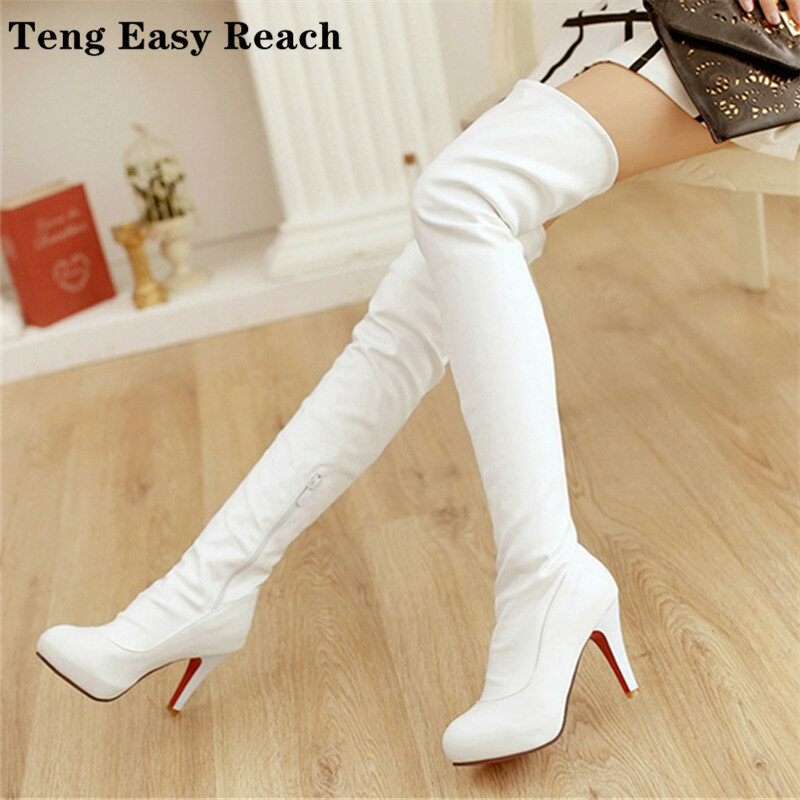 Sexy Spuer szpilki na buty do kolan kobiety platforma Stretch buty zamek jesień zima moda kobiety buty czarny biały