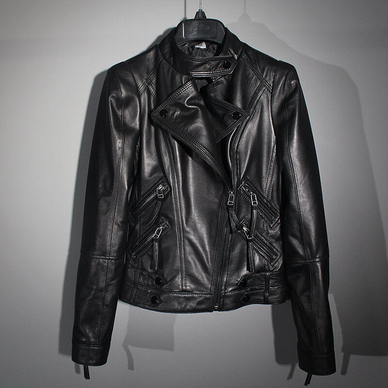slim Free shipping.wholesales.cheap women genuine leather jacket,girl black soft sheepskin coat.motor style.fashion