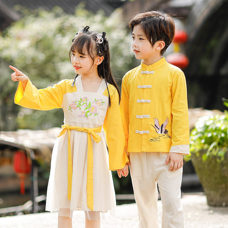 Autunm chiński piękny chłopcy bawełniany strój Tang dzieci haft tradycyjny wykonać kostiumy dziewczyny fotografia starożytny Hanfu
