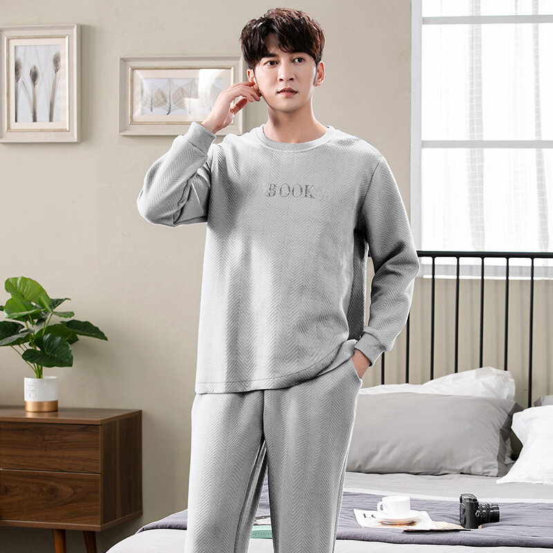 Homens inverno o pescoço pijamas finos 3 camadas acolchoado pijamas de manga longa para casa roupas grandes jardas 3xl pijamas hombre masculino