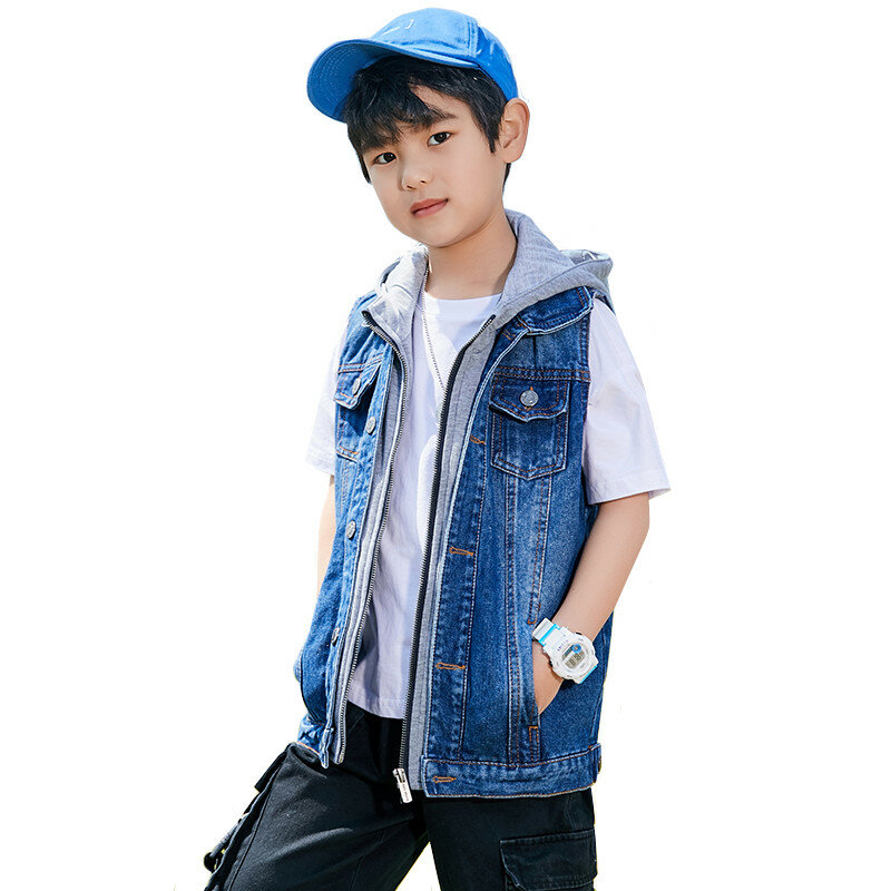 Dziecięca niebieska kamizelka dżinsowa z kapturem modna marka designerska dziecięca jeansowa kamizelka dla nastoletnich 160