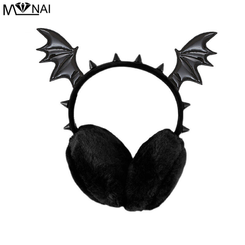 Gothic Ear Muffs Bat Wings Punk Rivets Plush Ear Covers Halloween Gifts Goth Black Warm Woman Ear Cover Winter Accessories