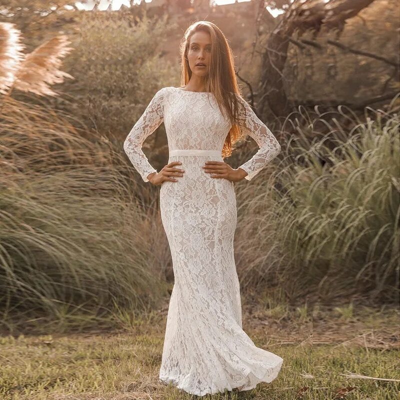 Bateau Neck Floral Lace Long Sleeves Wedding Dress with Sash Custom Made Mermaid Backless Floor Length Photography Bridal Gown