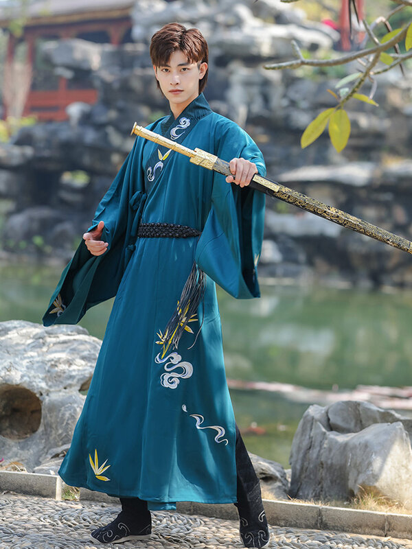 Chinese Dress Ancient Hanfu Black Embroidery Dresses China Style Folk Dance Robe Cosplay Costume Kimono Traditional ClothingMen