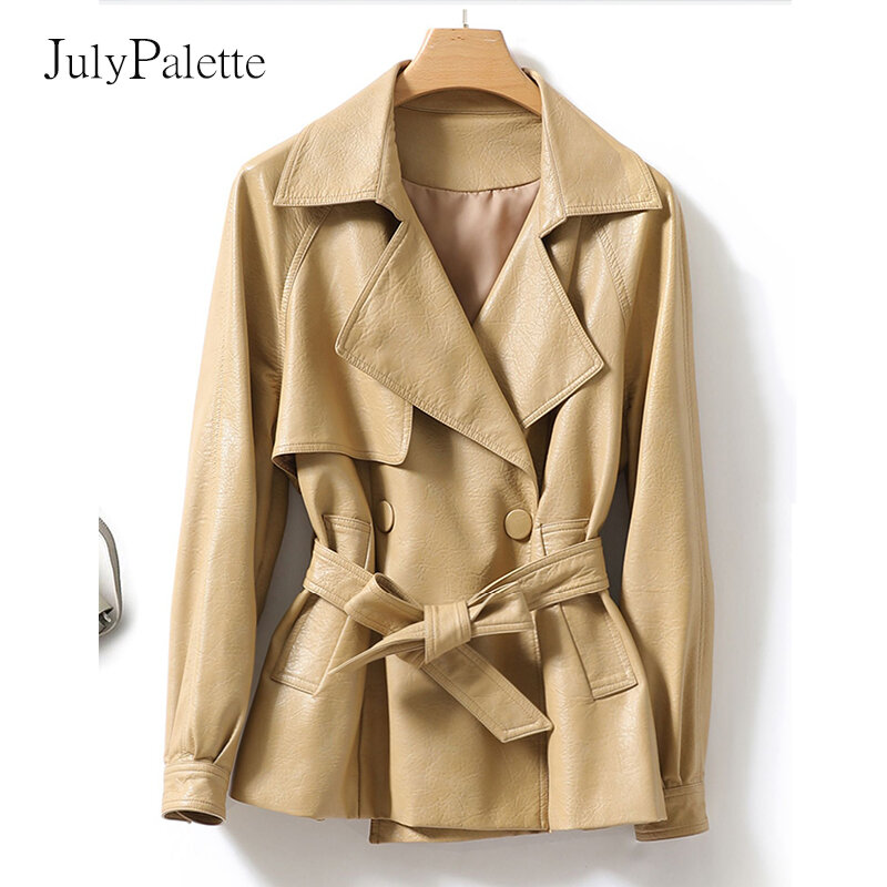 Julypalette ของแท้หนังเสื้อผู้หญิงแขนสั้น Lace-Up เข็มขัดหนังเสื้อ2022ฤดูใบไม้ผลิสำนักงานสุภาพสตรีจริง Sheepskin Outwear