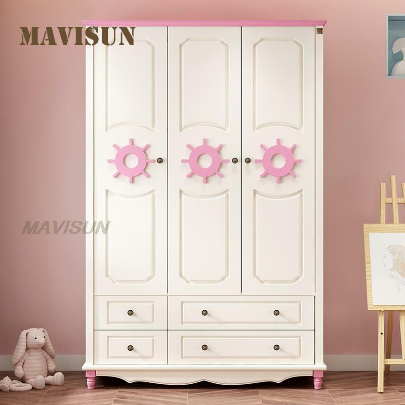 Moderno e minimalista menina das crianças de madeira maciça rosa guarda-roupa casa quarto mediterrâneo vestuário armário armazenamento