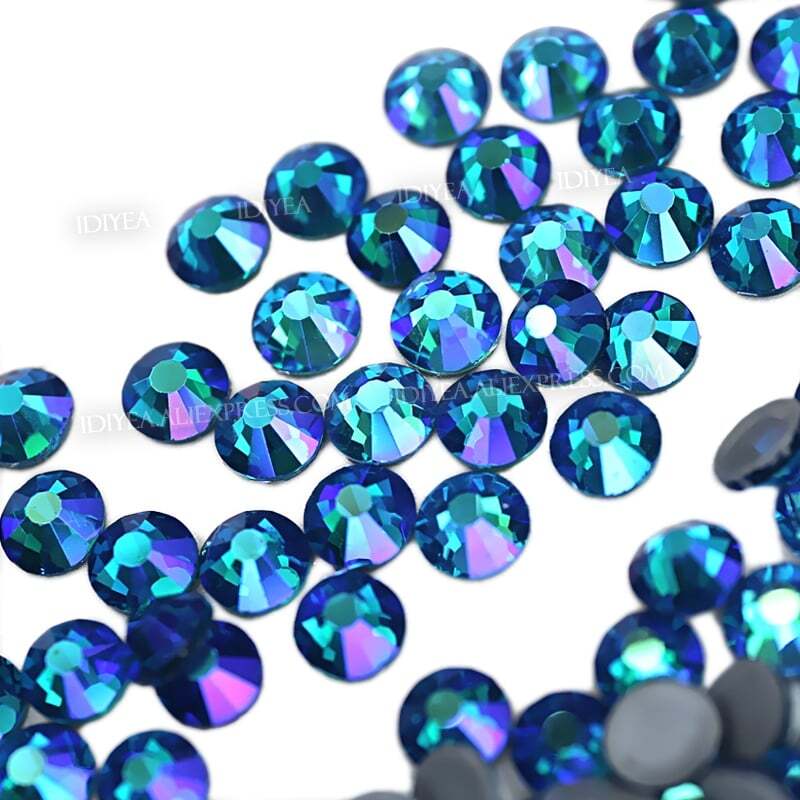 Diamantes de imitación AB con reverso plano azul pavo real, cristales brillantes, strass, piedras hotfix para costura, arte, vestido, accesorio de tela