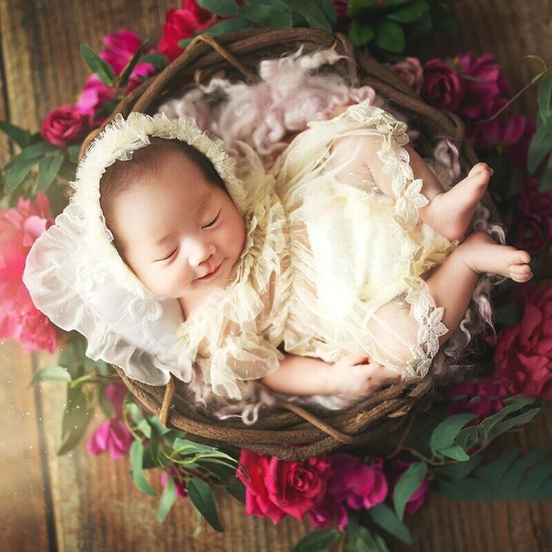 5Pcs 아기 레이스 드레스 + 모자 + 베개 + 반바지 + 신발 세트 유아 사진 촬영 의상 의상 신생아 사진 소품