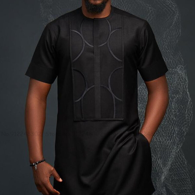 Fashion Pria Kaus Lengan Pendek Dashiki Baju Muslim Jubba Thobe Islamic Atasan Kaus Hitam Kasual Blus Pria Baju Afrika
