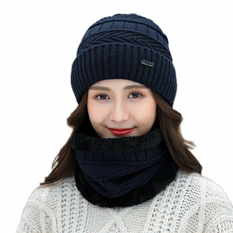 3Pcs Syal dan Topi Wanita Musim Dingin Rajutan Pom Beanie Hat Tebal Hangat Topi Syal Set Musim Dingin Wanita Aksesoris Hangat benang Wol Baru