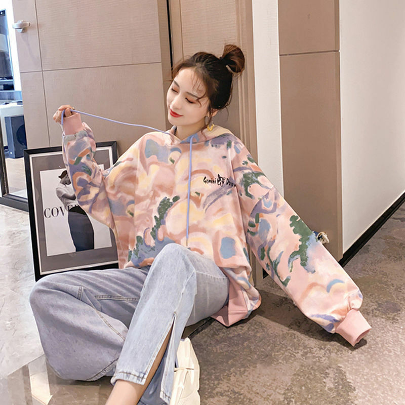 Wiosna jesień Tie-Dye sweatshit kobiety z kapturem 2020 luźny koreański styl bluza z kapturem w stylu harajuku bluzki bluza z długim rękawem streetwear kobiety