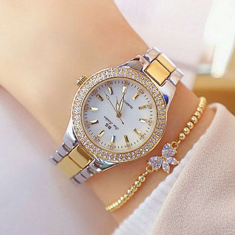 Relógio de pulso feminino, relógios de pulso para mulheres, de quartzo, dourado e prateado, de aço inoxidável