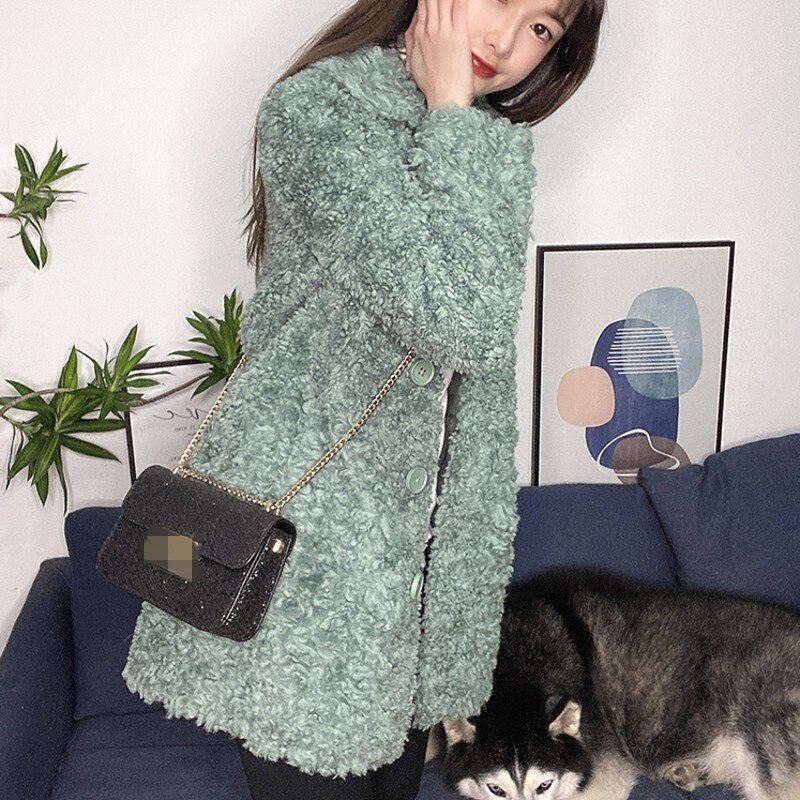 Abrigo largo de lana de cordero para mujer, abrigo de lana de Cachemira de grano, estilo coreano, elegante, 2022