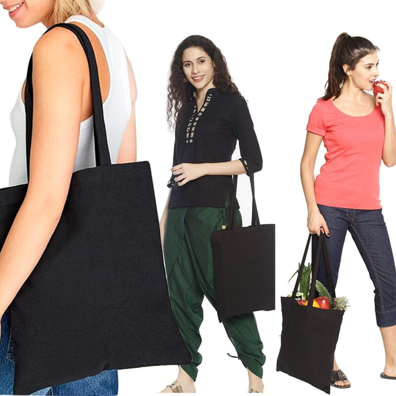 Shopping Bag Woman Black Canvas Tote Hand Casual Reusable White Pattern Printing Shoulder Bag Large Capacity Foldable Handbag