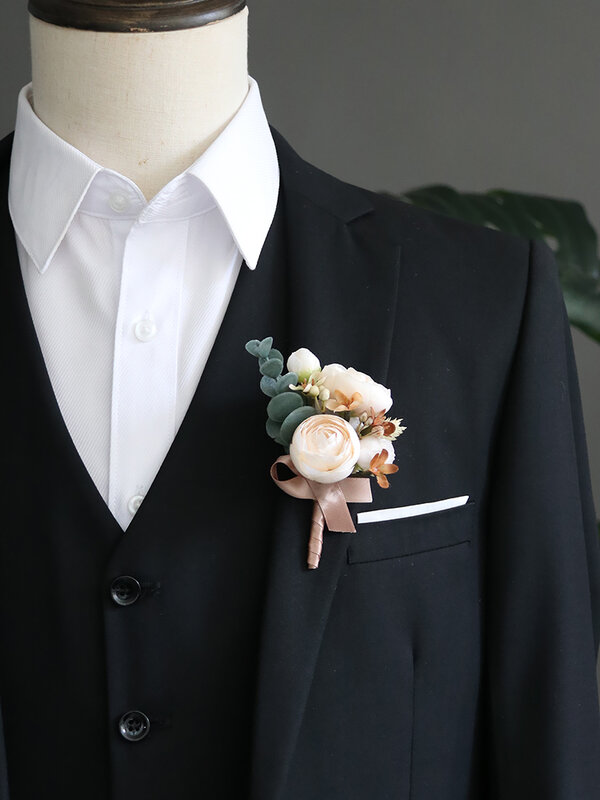 GT Corsages de seda para decoración de boda, ramillete de muñeca rosa de matrimonio, Pin, flores de Boutonniere para peonías, margaritas, tono marrón