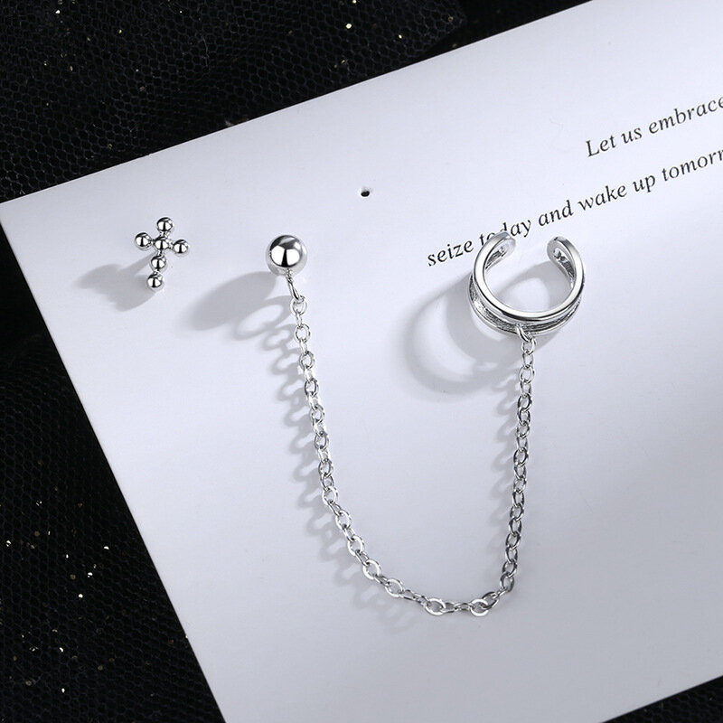 Нежный 925 стерлингового серебра Асимметричная крест серьги-гвоздики слуховая косточка линии серьги для Для женщин для мужчин в стиле «хип-хоп» вечерние ювелирные изделия S-E1317