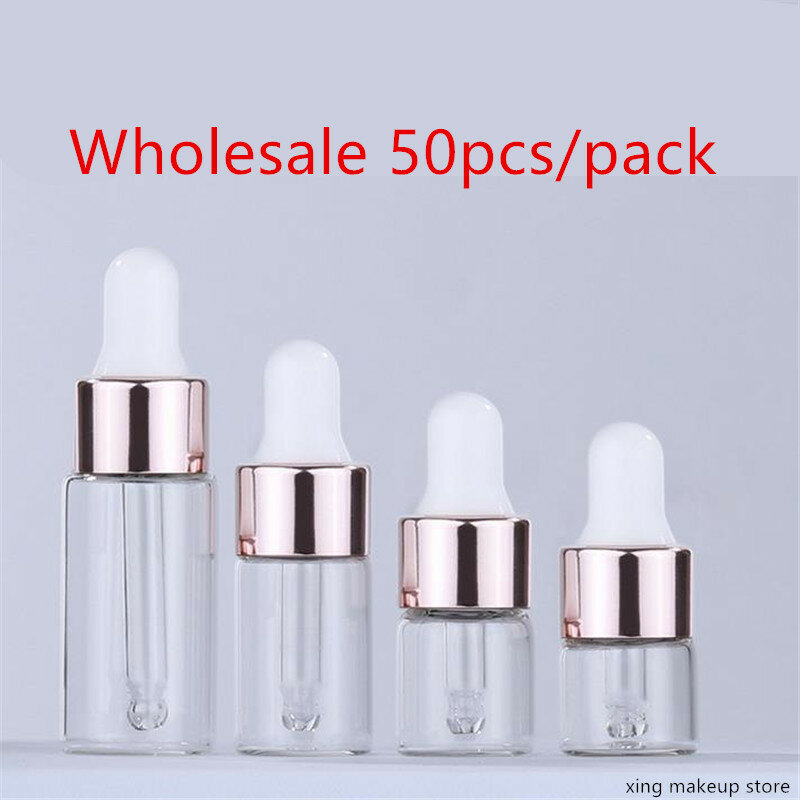 50 pçs/set 1ml 2ml 3ml 5ml mini conta-gotas garrafas de óleo essencial aromaterapia garrafas com ouro rosa tampa reagente pipetas garrafas 20