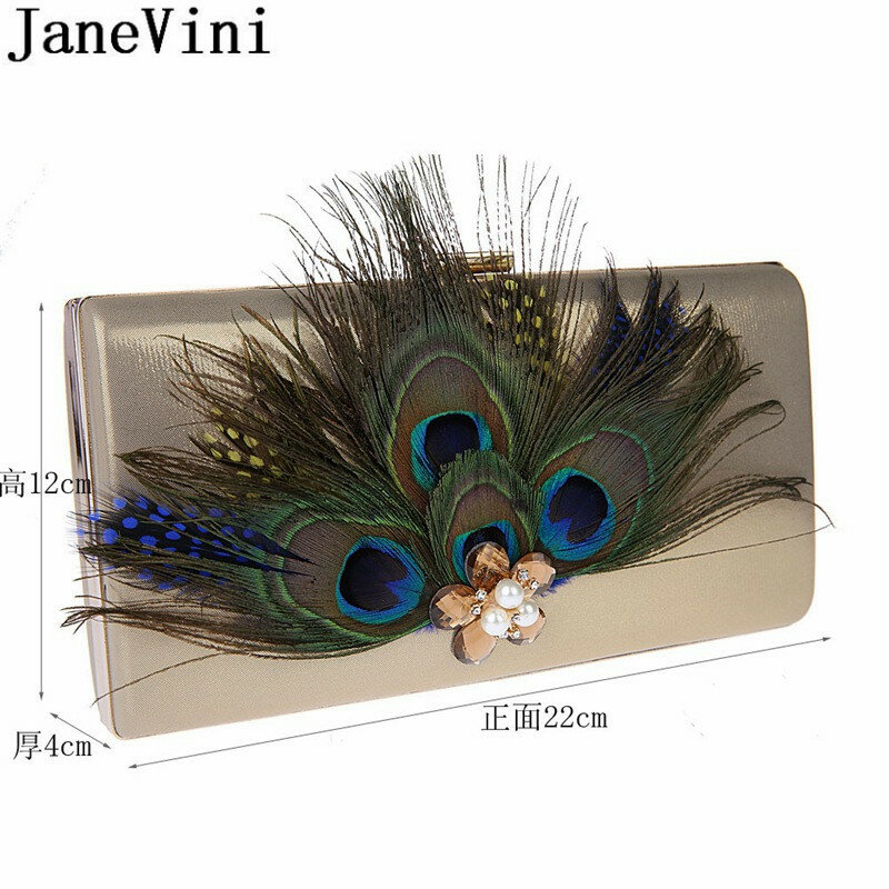 JaneVini นกยูง Feather คลัทช์สี่เหลี่ยมผืนผ้าคริสตัลเพิร์ล Crossbody Bag Gold Royal Blue Evening กระเป๋าสตรีกระเป๋าถือ